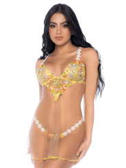 Nuisette transparente brodée jaune et string - MAL7608SUBS