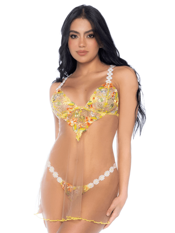 Nuisette transparente brodée jaune et string - MAL7608SUBS