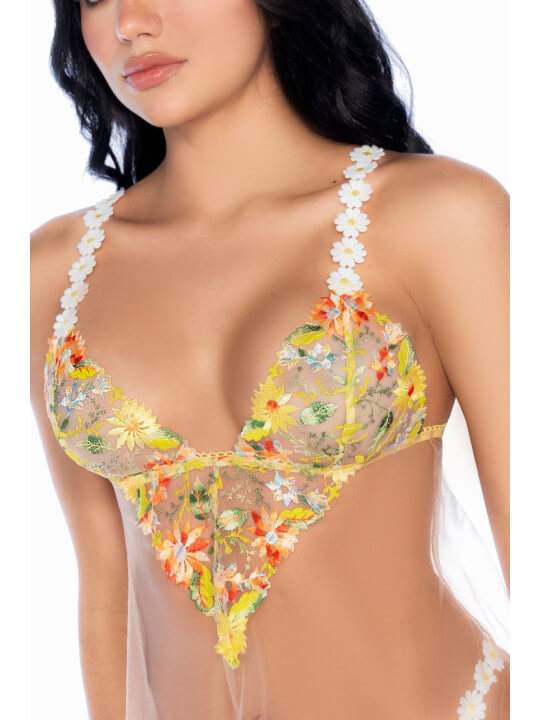 Nuisette transparente brodée jaune et string - MAL7608SUBS