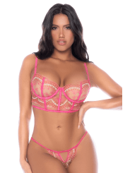 Ensemble 2 pièces résille brodée rose - MAL8914ROWP