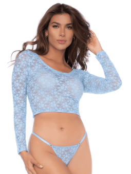 Ensemble 2 pièces en dentelle bleue pastel, crop top et string - MAL8918LBLU