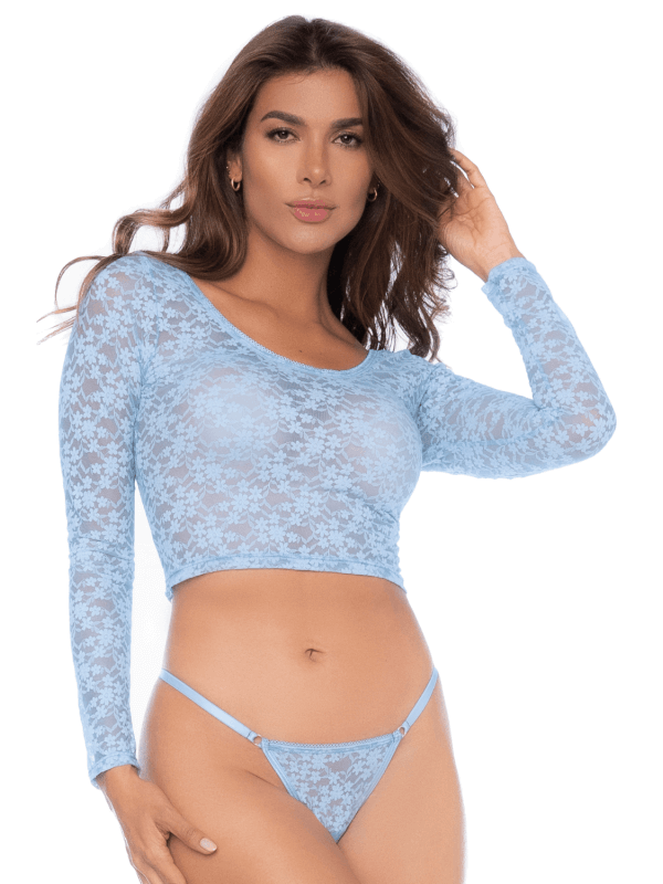 Ensemble 2 pièces en dentelle bleue pastel, crop top et string - MAL8918LBLU