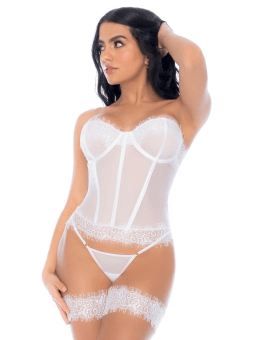 Ensemble 4 pièces blanc, bustier, string et 2 jarretières - MAL8933WHT