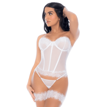 Ensemble 4 pièces blanc, bustier, string et 2 jarretières - MAL8933WHT
