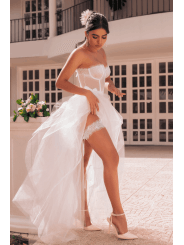 Ensemble 4 pièces blanc, bustier, string et 2 jarretières - MAL8933WHT