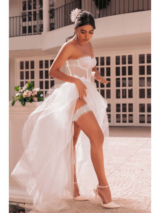 Ensemble 4 pièces blanc, bustier, string et 2 jarretières - MAL8933WHT
