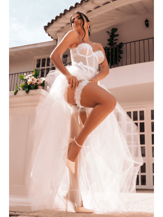 Ensemble 4 pièces blanc, bustier, string et 2 jarretières - MAL8933WHT