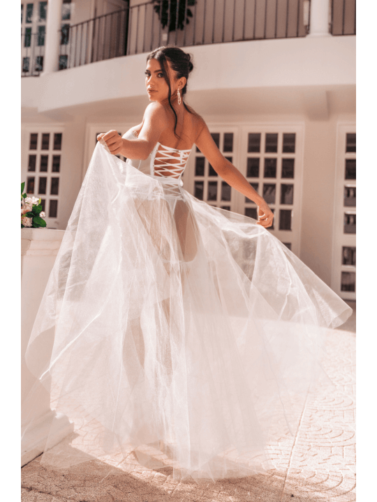 Ensemble 4 pièces blanc, bustier, string et 2 jarretières - MAL8933WHT