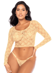 Ensemble 2 pièces en dentelle jaune pastel, crop top et string - MAL8918LYLW