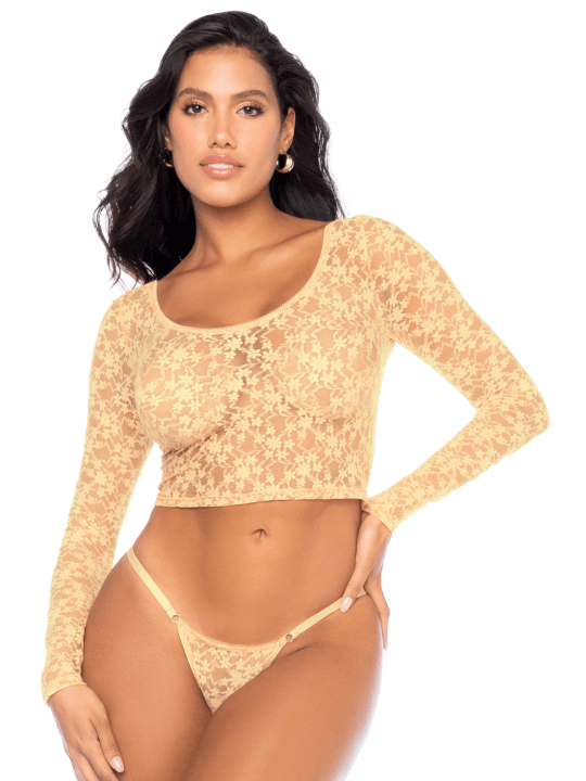 Ensemble 2 pièces en dentelle jaune pastel, crop top et string - MAL8918LYLW