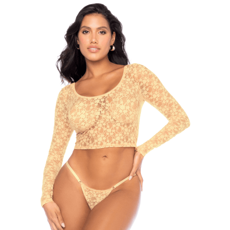 Ensemble 2 pièces en dentelle jaune pastel, crop top et string - MAL8918LYLW