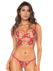 Ensemble 2 pièces brodé rose et bleu, bustier et string - MAL8926SEGA