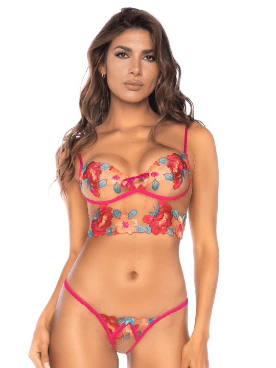 Ensemble 2 pièces brodé rose et bleu, bustier et string - MAL8926SEGA