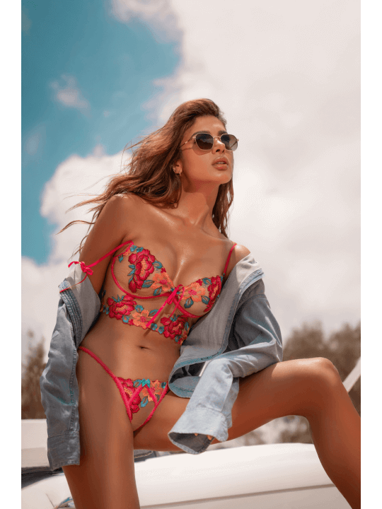 Ensemble 2 pièces brodé rose et bleu, bustier et string - MAL8926SEGA