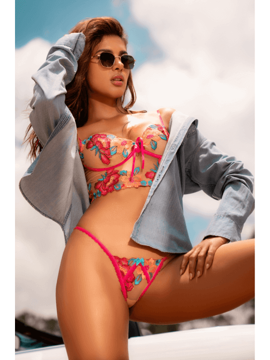 Ensemble 2 pièces brodé rose et bleu, bustier et string - MAL8926SEGA