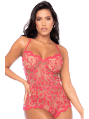 Combishort en dentelle transparente couleur cerise - MAL7543CHRY