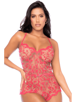 Combishort en dentelle transparente couleur cerise - MAL7543CHRY