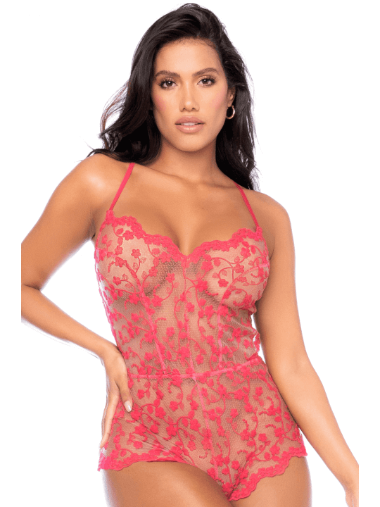 Combishort en dentelle transparente couleur cerise - MAL7543CHRY