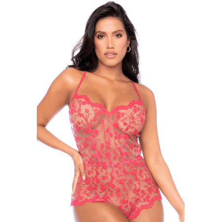 Combishort en dentelle transparente couleur cerise - MAL7543CHRY