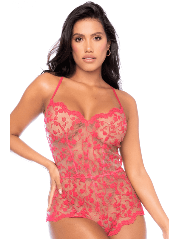 Combishort en dentelle transparente couleur cerise - MAL7543CHRY