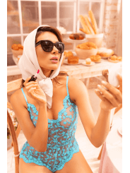 Combishort en dentelle transparente turquoise - MAL7543TQ