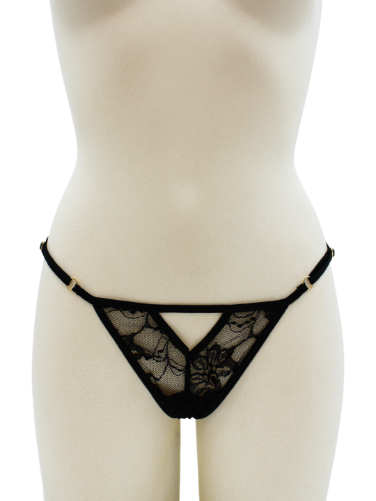 String noir avec bijou perle  strass dorés - PA06MBLK