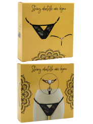 String noir avec bijou perle  strass dorés - PA06MBLK