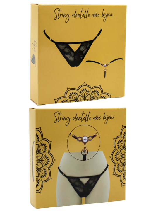 String noir avec bijou perle  strass dorés - PA06MBLK
