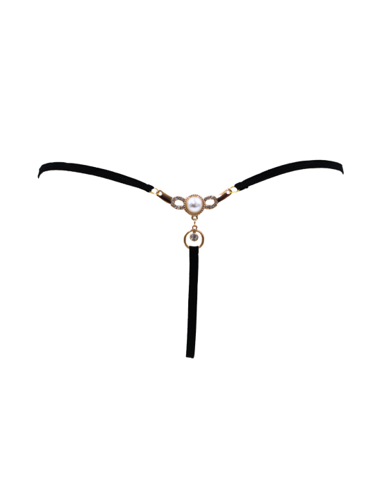 String noir avec bijou perle  strass dorés - PA06MBLK