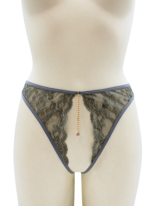 String gris avec bijou couleur aléatoire et chaîne dorée - PA05MGREY