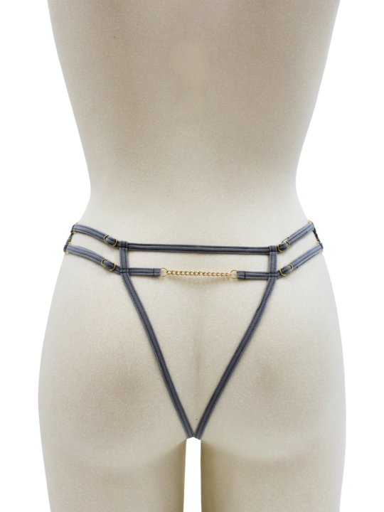 String gris avec bijou couleur aléatoire et chaîne dorée - PA05MGREY