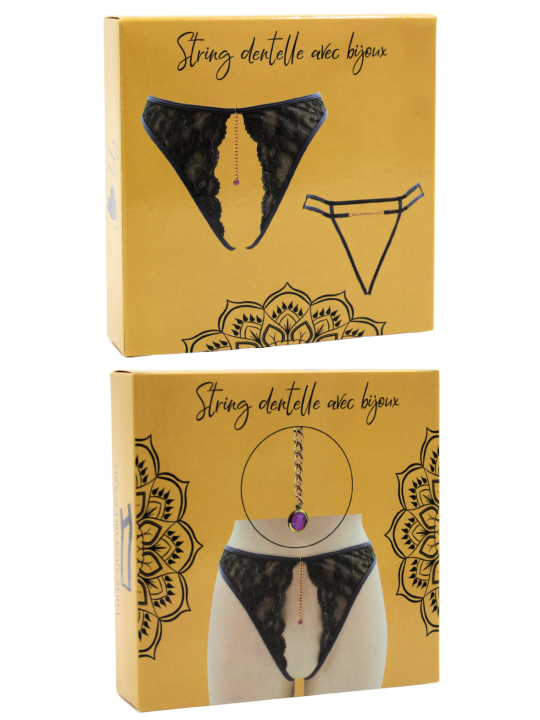 String gris avec bijou couleur aléatoire et chaîne dorée - PA05MGREY