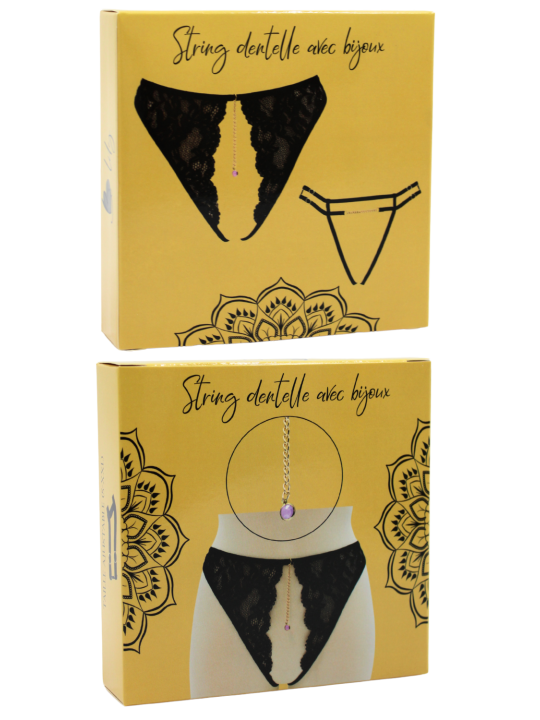 String noir avec bijou couleur aléatoire et chaîne dorée - PA05MBLK