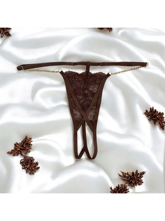 String en dentelle marron ouvert avec chaînes dorées - PA01MBRW