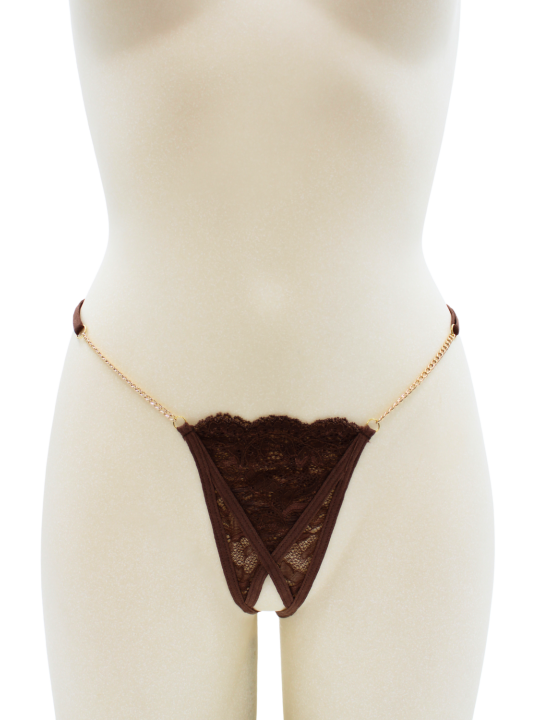 String en dentelle marron ouvert avec chaînes dorées - PA01MBRW
