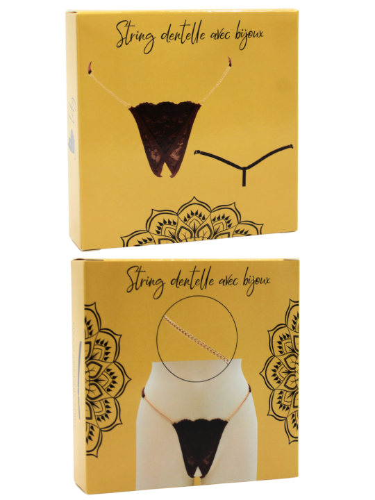 String en dentelle marron ouvert avec chaînes dorées - PA01MBRW