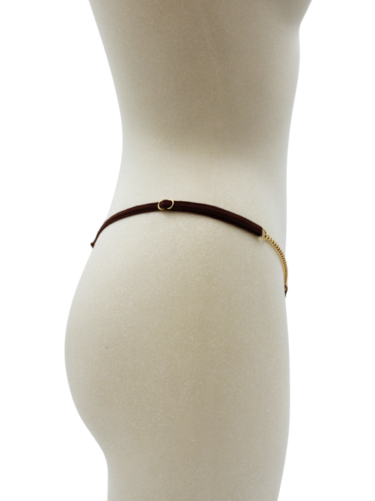 String en dentelle marron ouvert avec chaînes dorées - PA01MBRW
