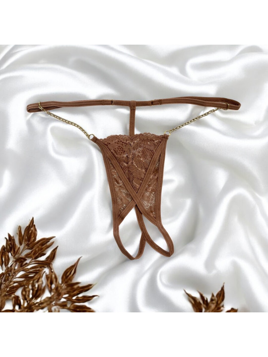 String en dentelle taupe ouvert avec chaînes dorées - PA01MTAUPE