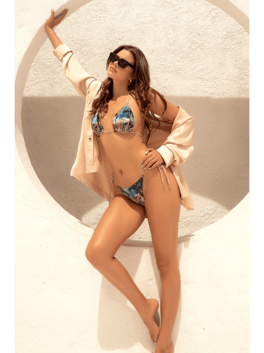 Bikini Triangle Imprimé Satiné Bleu  Beige - MAL67096AMAL