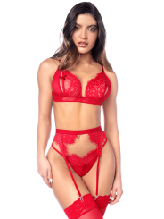 Ensemble sexy 3 pièces peek-a-boo avec porte-jarretelles en dentelle Mapalé - MAL8970RED