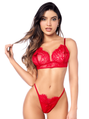 Ensemble sexy 3 pièces peek-a-boo avec porte-jarretelles en dentelle Mapalé - MAL8970RED