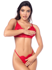 Ensemble sexy 3 pièces peek-a-boo avec porte-jarretelles en dentelle Mapalé - MAL8970RED