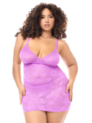 Babydoll sexy grande taille en dentelle douce et extensible avec string assorti violet Mapalé - MAL7613XWORC