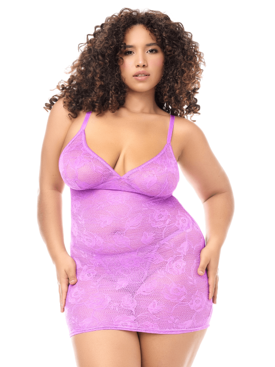 Babydoll sexy grande taille en dentelle douce et extensible avec string assorti violet Mapalé - MAL7613XWORC