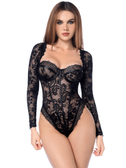 Body sexy à manches longues en dentelle gothique avec armatures et détails effet cuir - MAL8957BLK