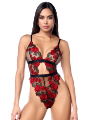 Teddy sexy taille haute en résille transparente avec broderie de roses Mapalé - MAL8961BKRD