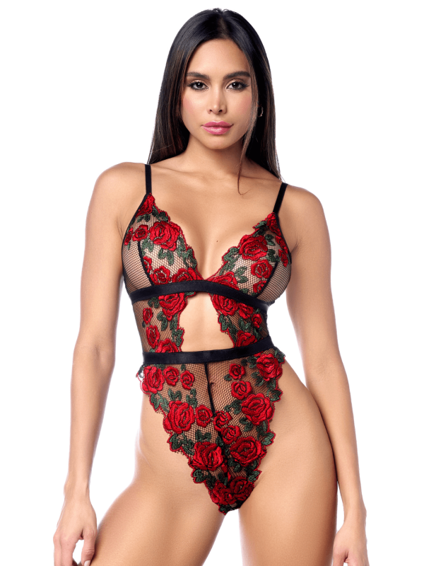 Teddy sexy taille haute en résille transparente avec broderie de roses Mapalé - MAL8961BKRD