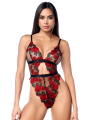 Teddy sexy taille haute en résille transparente avec broderie de roses Mapalé - MAL8961BKRD