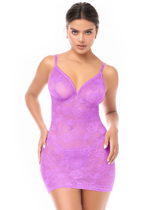 Babydoll sexy en dentelle douce et extensible avec string assorti violet Mapalé - MAL7613WORC