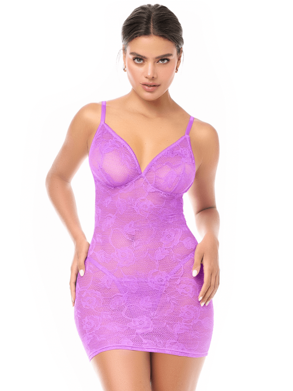Babydoll sexy en dentelle douce et extensible avec string assorti violet Mapalé - MAL7613WORC